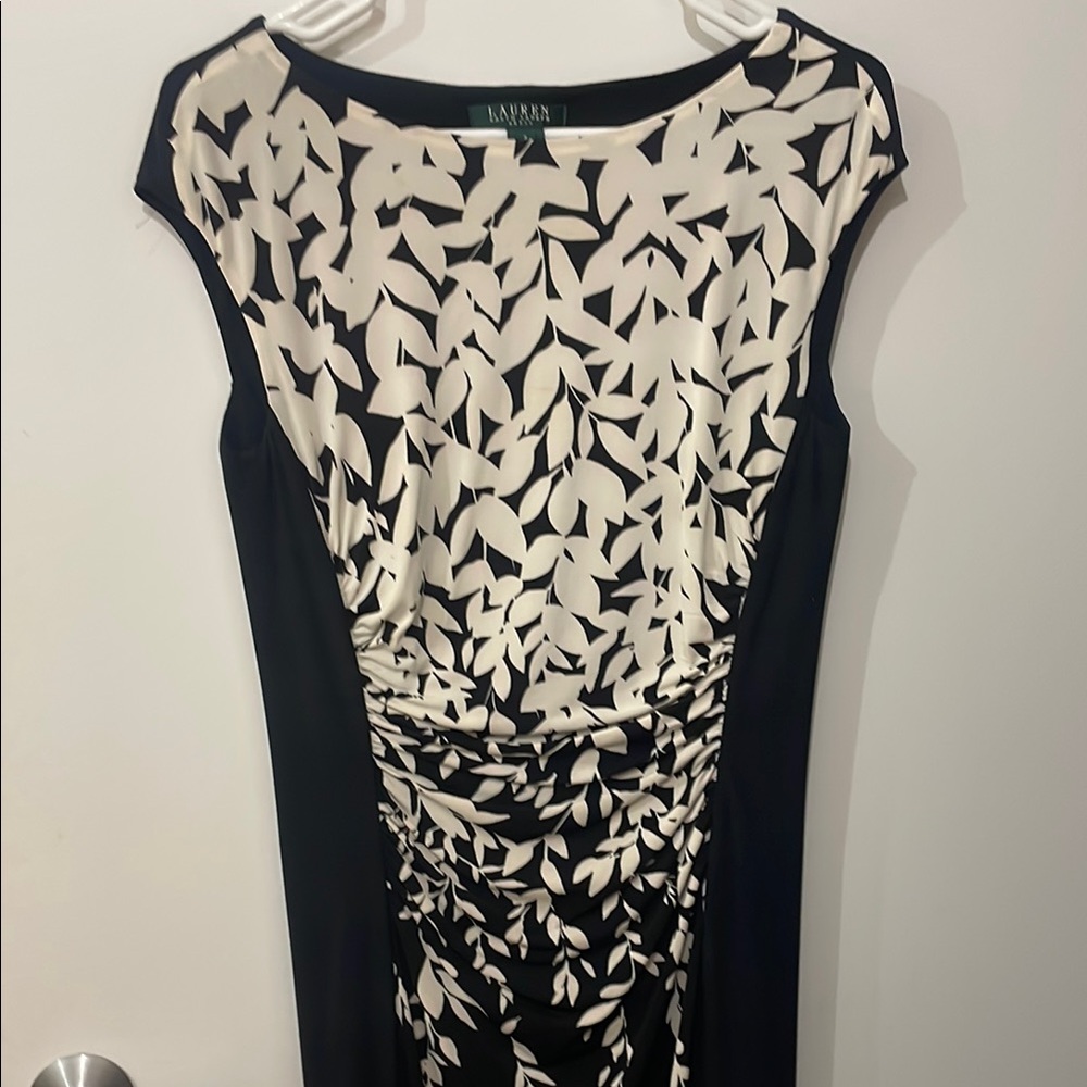 Ralph Lauren Black and White Sheath Midi Dress with Bateau Neckline